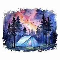 AI generated A Camping Tent in the forest with Night sky, watercolor for T-shirt Design. AI Generated photo