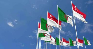 Algeria and Singapore Flags Waving Together in the Sky, Seamless Loop in Wind, Space on Left Side for Design or Information, 3D Rendering video