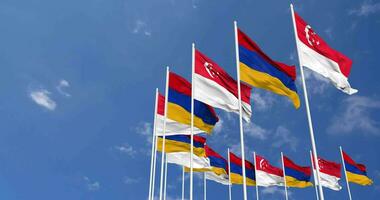 Armenia and Singapore Flags Waving Together in the Sky, Seamless Loop in Wind, Space on Left Side for Design or Information, 3D Rendering video