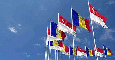 Andorra and Singapore Flags Waving Together in the Sky, Seamless Loop in Wind, Space on Left Side for Design or Information, 3D Rendering video