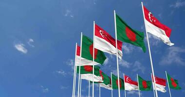 Bangladesh and Singapore Flags Waving Together in the Sky, Seamless Loop in Wind, Space on Left Side for Design or Information, 3D Rendering video