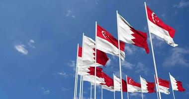 Bahrain and Singapore Flags Waving Together in the Sky, Seamless Loop in Wind, Space on Left Side for Design or Information, 3D Rendering video