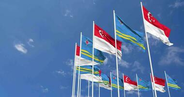 Aruba and Singapore Flags Waving Together in the Sky, Seamless Loop in Wind, Space on Left Side for Design or Information, 3D Rendering video