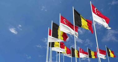 Belgium and Singapore Flags Waving Together in the Sky, Seamless Loop in Wind, Space on Left Side for Design or Information, 3D Rendering video
