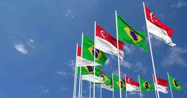 Brazil and Singapore Flags Waving Together in the Sky, Seamless Loop in Wind, Space on Left Side for Design or Information, 3D Rendering video