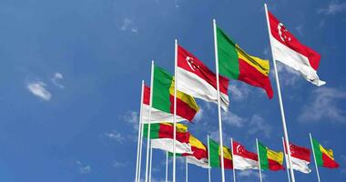 Benin and Singapore Flags Waving Together in the Sky, Seamless Loop in Wind, Space on Left Side for Design or Information, 3D Rendering video