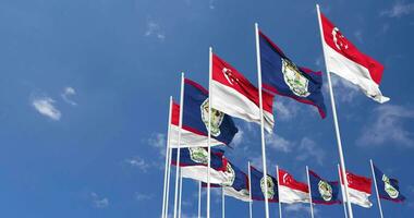belize e Cingapura bandeiras acenando juntos dentro a céu, desatado ciclo dentro vento, espaço em esquerda lado para Projeto ou Informação, 3d Renderização video
