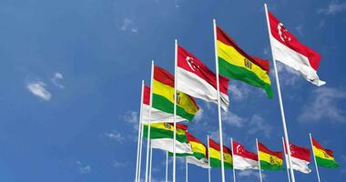 Bolivia and Singapore Flags Waving Together in the Sky, Seamless Loop in Wind, Space on Left Side for Design or Information, 3D Rendering video