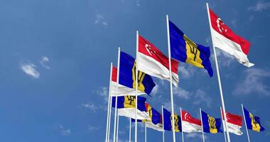 Barbados and Singapore Flags Waving Together in the Sky, Seamless Loop in Wind, Space on Left Side for Design or Information, 3D Rendering video