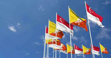 Bhutan and Singapore Flags Waving Together in the Sky, Seamless Loop in Wind, Space on Left Side for Design or Information, 3D Rendering video