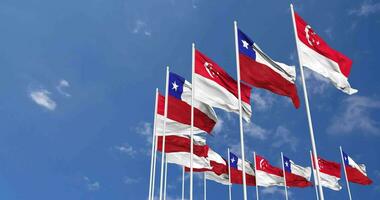 Chile and Singapore Flags Waving Together in the Sky, Seamless Loop in Wind, Space on Left Side for Design or Information, 3D Rendering video