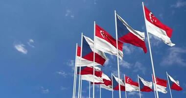 ceco repubblica e Singapore bandiere agitando insieme nel il cielo, senza soluzione di continuità ciclo continuo nel vento, spazio su sinistra lato per design o informazione, 3d interpretazione video