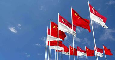 China and Singapore Flags Waving Together in the Sky, Seamless Loop in Wind, Space on Left Side for Design or Information, 3D Rendering video