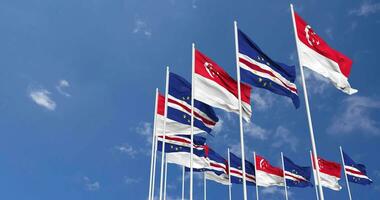 Cape Verde, Cabo Verde and Singapore Flags Waving Together in the Sky, Seamless Loop in Wind, Space on Left Side for Design or Information, 3D Rendering video