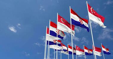 Croacia y Singapur banderas ondulación juntos en el cielo, sin costura lazo en viento, espacio en izquierda lado para diseño o información, 3d representación video