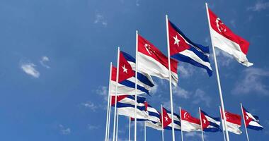 Cuba and Singapore Flags Waving Together in the Sky, Seamless Loop in Wind, Space on Left Side for Design or Information, 3D Rendering video