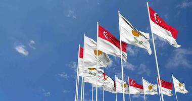 Cyprus and Singapore Flags Waving Together in the Sky, Seamless Loop in Wind, Space on Left Side for Design or Information, 3D Rendering video