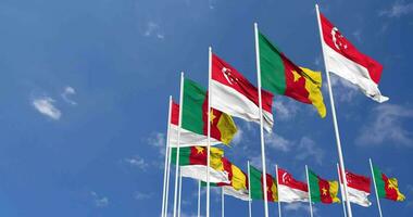 Cameroon and Singapore Flags Waving Together in the Sky, Seamless Loop in Wind, Space on Left Side for Design or Information, 3D Rendering video
