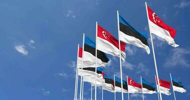 Estonia and Singapore Flags Waving Together in the Sky, Seamless Loop in Wind, Space on Left Side for Design or Information, 3D Rendering video