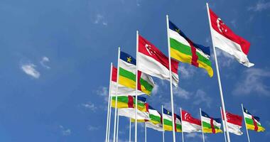 Central African Republic and Singapore Flags Waving Together in the Sky, Seamless Loop in Wind, Space on Left Side for Design or Information, 3D Rendering video