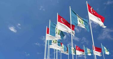 Guatemala and Singapore Flags Waving Together in the Sky, Seamless Loop in Wind, Space on Left Side for Design or Information, 3D Rendering video