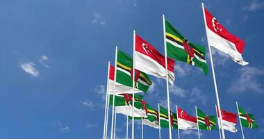 Dominica and Singapore Flags Waving Together in the Sky, Seamless Loop in Wind, Space on Left Side for Design or Information, 3D Rendering video