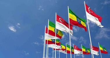 Ethiopia and Singapore Flags Waving Together in the Sky, Seamless Loop in Wind, Space on Left Side for Design or Information, 3D Rendering video