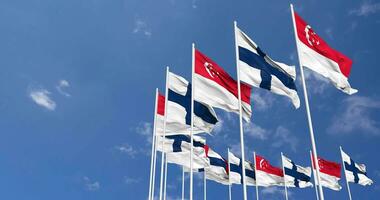 Finland and Singapore Flags Waving Together in the Sky, Seamless Loop in Wind, Space on Left Side for Design or Information, 3D Rendering video