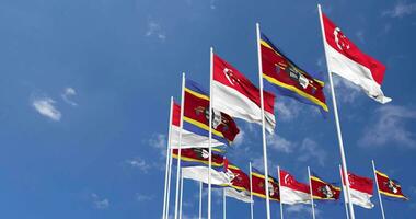 Eswatini and Singapore Flags Waving Together in the Sky, Seamless Loop in Wind, Space on Left Side for Design or Information, 3D Rendering video