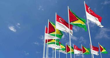 Guyana and Singapore Flags Waving Together in the Sky, Seamless Loop in Wind, Space on Left Side for Design or Information, 3D Rendering video