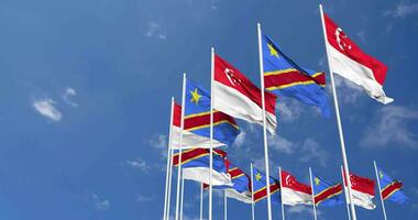 DR Congo and Singapore Flags Waving Together in the Sky, Seamless Loop in Wind, Space on Left Side for Design or Information, 3D Rendering video