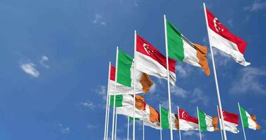 Ireland and Singapore Flags Waving Together in the Sky, Seamless Loop in Wind, Space on Left Side for Design or Information, 3D Rendering video