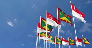 Grenada and Singapore Flags Waving Together in the Sky, Seamless Loop in Wind, Space on Left Side for Design or Information, 3D Rendering video