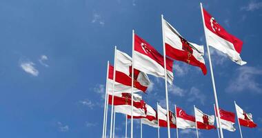 Gibraltar and Singapore Flags Waving Together in the Sky, Seamless Loop in Wind, Space on Left Side for Design or Information, 3D Rendering video