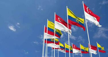 Ecuador y Singapur banderas ondulación juntos en el cielo, sin costura lazo en viento, espacio en izquierda lado para diseño o información, 3d representación video