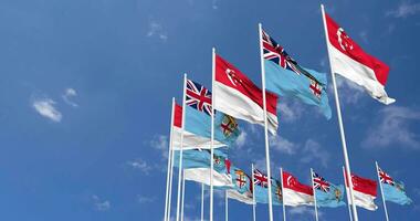 Fiji and Singapore Flags Waving Together in the Sky, Seamless Loop in Wind, Space on Left Side for Design or Information, 3D Rendering video