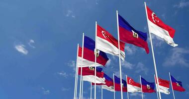 Haiti and Singapore Flags Waving Together in the Sky, Seamless Loop in Wind, Space on Left Side for Design or Information, 3D Rendering video