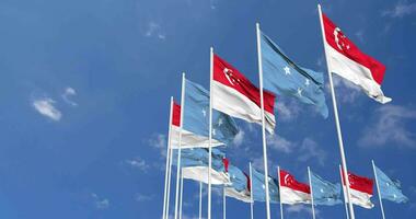 Federated States of Micronesia and Singapore Flags Waving Together in the Sky, Seamless Loop in Wind, Space on Left Side for Design or Information, 3D Rendering video