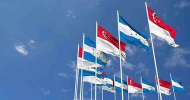 Honduras and Singapore Flags Waving Together in the Sky, Seamless Loop in Wind, Space on Left Side for Design or Information, 3D Rendering video