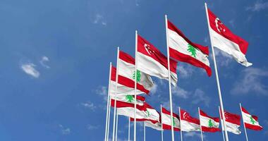 Lebanon and Singapore Flags Waving Together in the Sky, Seamless Loop in Wind, Space on Left Side for Design or Information, 3D Rendering video
