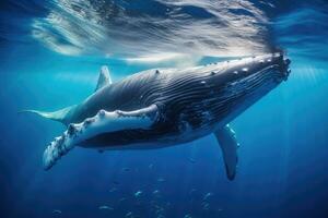 ai generado jorobado ballena nadando en profundo azul Oceano con Dom rayos, jorobado ballena submarino en el caribe, ai generado foto