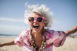 AI generated Portrait of happy senior woman on the beach on a sunny day, image of happy dancing mature woman at the beach, AI Generated photo