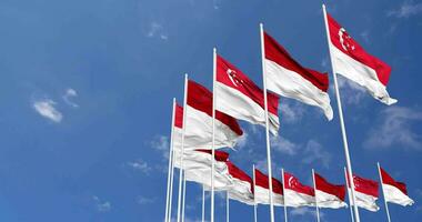 Monaco and Singapore Flags Waving Together in the Sky, Seamless Loop in Wind, Space on Left Side for Design or Information, 3D Rendering video