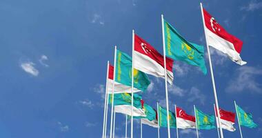 Kazakhstan and Singapore Flags Waving Together in the Sky, Seamless Loop in Wind, Space on Left Side for Design or Information, 3D Rendering video