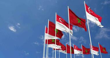 Morocco and Singapore Flags Waving Together in the Sky, Seamless Loop in Wind, Space on Left Side for Design or Information, 3D Rendering video