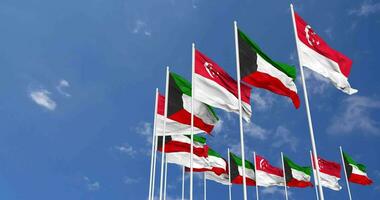 Kuwait and Singapore Flags Waving Together in the Sky, Seamless Loop in Wind, Space on Left Side for Design or Information, 3D Rendering video