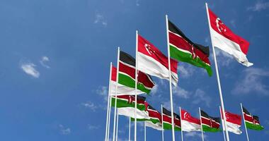 Kenya and Singapore Flags Waving Together in the Sky, Seamless Loop in Wind, Space on Left Side for Design or Information, 3D Rendering video