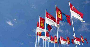 Mongolei und Singapur Flaggen winken zusammen im das Himmel, nahtlos Schleife im Wind, Raum auf links Seite zum Design oder Information, 3d Rendern video