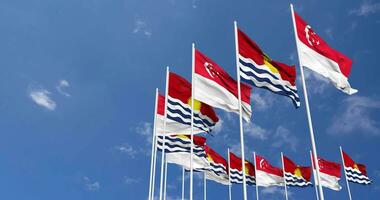 Kiribati and Singapore Flags Waving Together in the Sky, Seamless Loop in Wind, Space on Left Side for Design or Information, 3D Rendering video