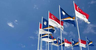 Marshall Islands and Singapore Flags Waving Together in the Sky, Seamless Loop in Wind, Space on Left Side for Design or Information, 3D Rendering video